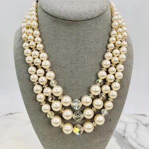 Vintage Laguna Faux Pearl Necklace Aurora Borealis Crystal Beads 3 Stran…